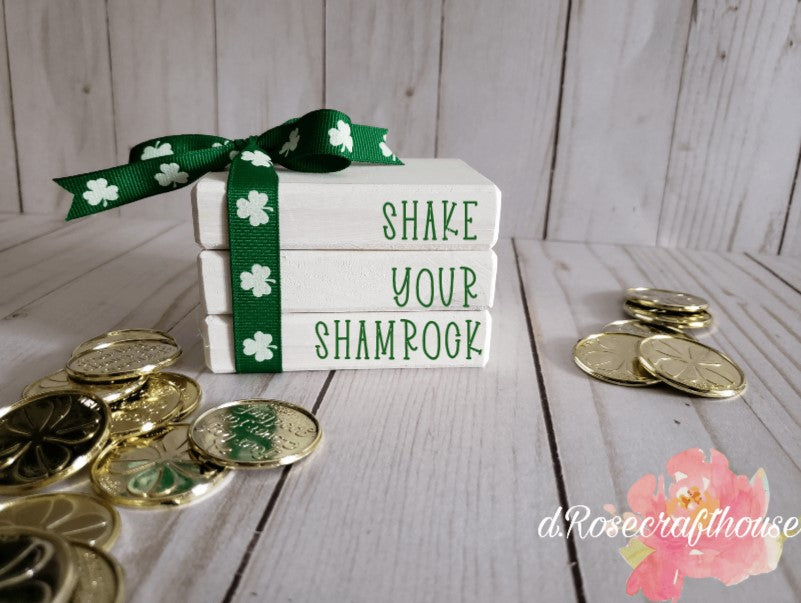 Wooden Mini Book Stack, Shake Your Shamrock (Green Ribbon)